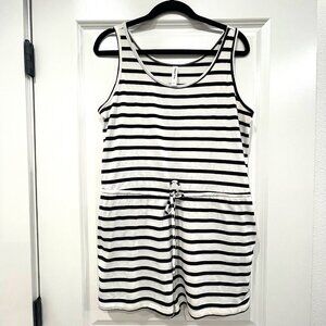 TICKLED TEAL B&W Striped Romper L Coastal Chic Boho Beachy Pockets Tie Waist